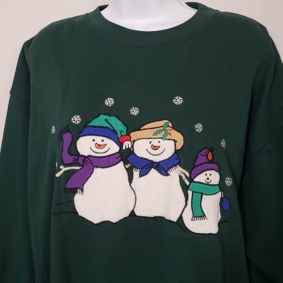 Nutcracker Vintage Women's Sweatshirt Dark Green Snowmen Snowflake Winter Top - Picture 6 of 7